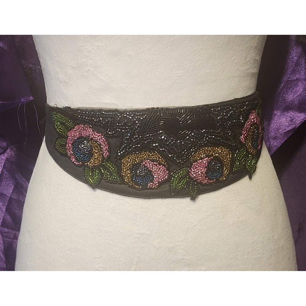 Vintage Black Satin Beaded Floral Waist Belt Ribbon Tie Boho Cinch Size M/L